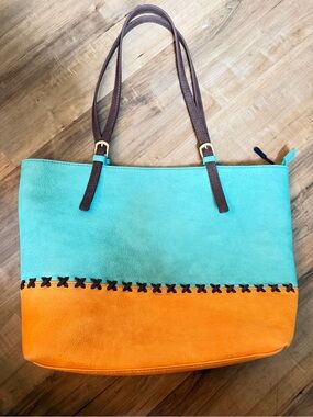 Montana West Turquoise and Orange Colorblock Tote Bag with Brown Straps